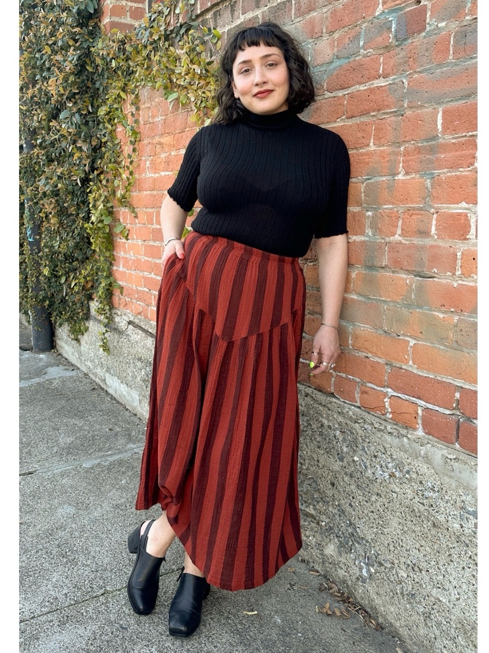 Striped Rust & Burgundy Maxi Skirt — Women's Flowing A-Line